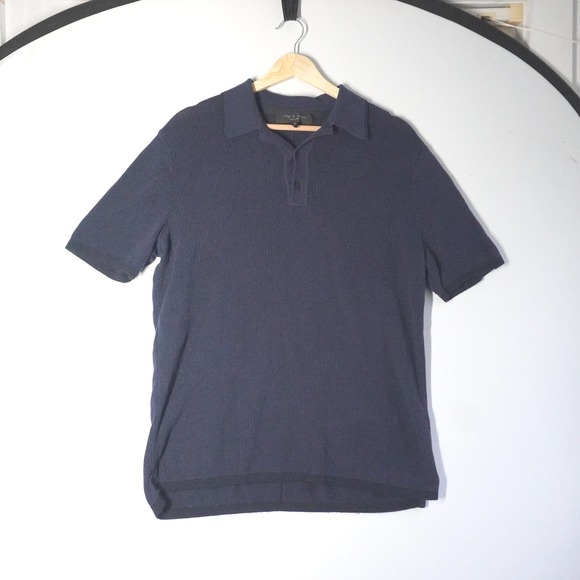 rag & bone Other - Rag Bone Men Navy‎ Blue Ribbed Knit Short Sleeve Polo Shirt Size M Preppy Europe